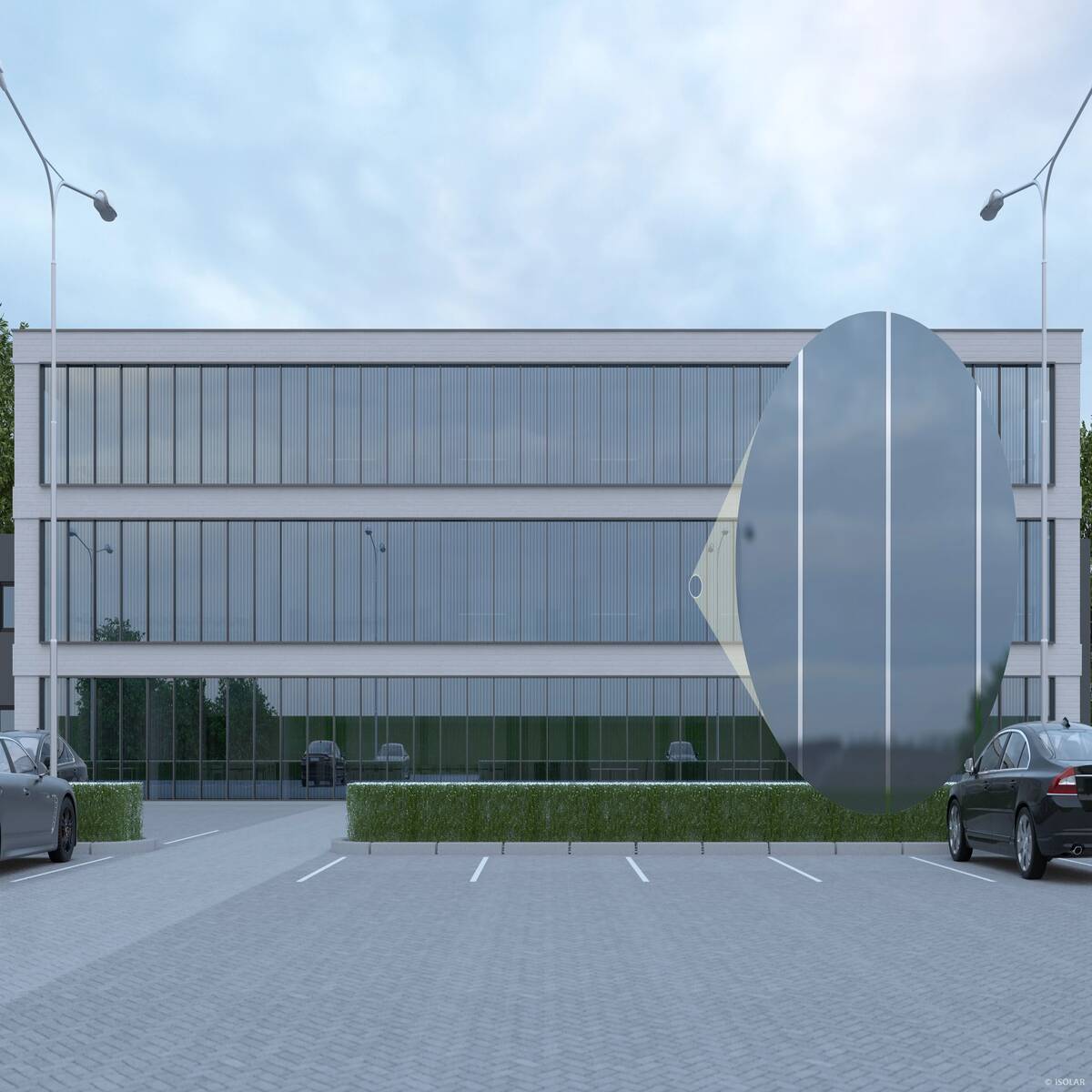 Das ORNILUX® design lines A70 Glas verbindet lineares Design mit zuverlässigem Vogelschutz und sorgt bei bewölktem Himmel für klare Transparenz und dezente architektonische Struktur.