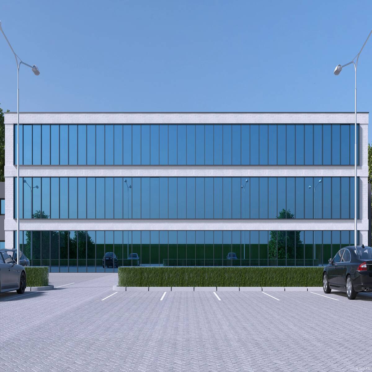SOLARLUX® sunbelt ocean von Arnold Glas verbindet feine Farbnuancen in Blau-Grau mit optimaler Energiekontrolle und sorgt bei diffusem Licht für eine ruhige, ausgewogene Fassadenwirkung.