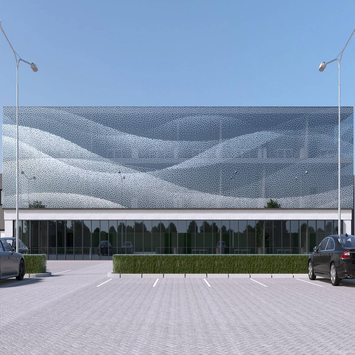 ISOLAR DEKOREX® decodesign A70 kombiniert dekoratives Design mit Sonnenschutztechnologie; die feine Bedruckung sorgt für visuelle Struktur und gleichmäßige Lichtverteilung in modernen Fassaden.