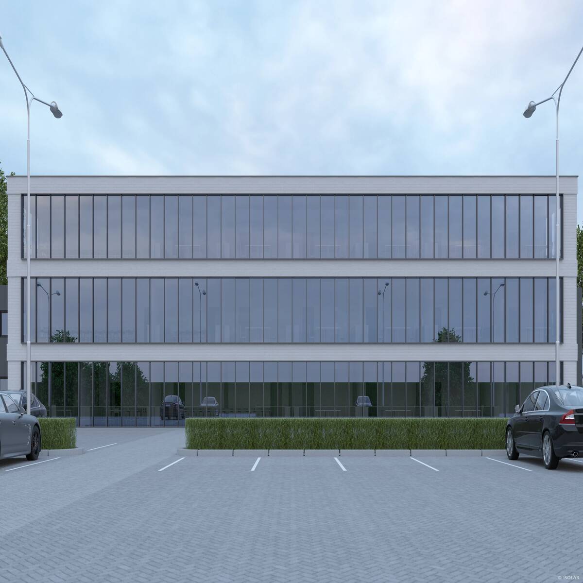 Das Sonnenschutzglas ISOLAR SOLARLUX® sunbelt A71 bietet bei bewölktem Himmel hohe Lichtdurchlässigkeit, effektiven Wärmeschutz und eine ausgewogen neutrale Fassadenoptik.