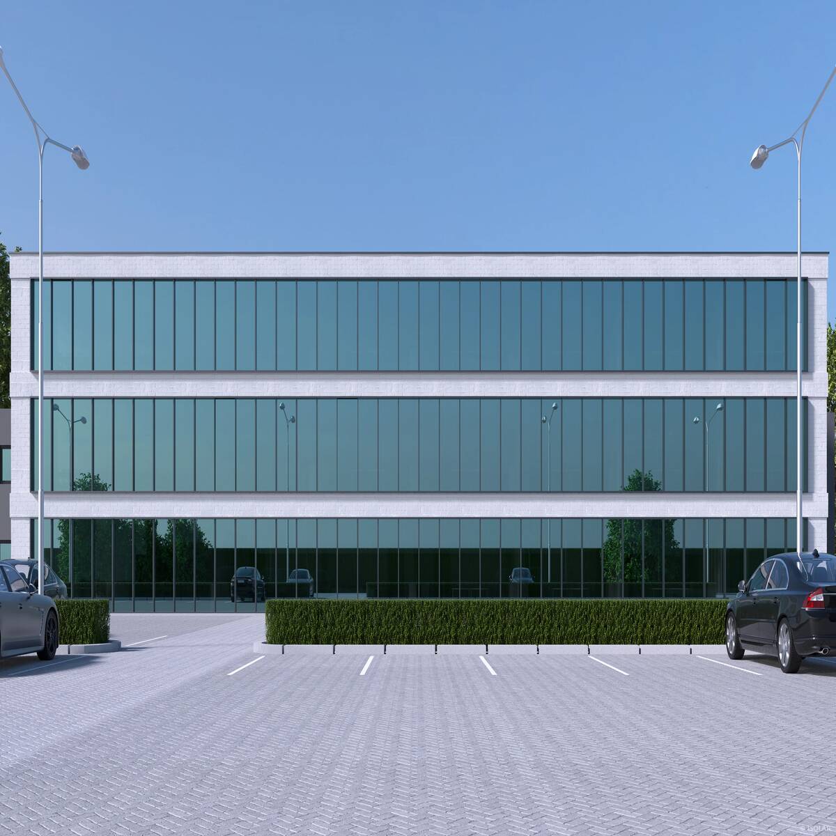 Das ISOLAR SOLARLUX® sunbelt A40 Sonnenschutzglas gewährleistet Wärmedämmung, natürliche Farbwirkung und ausgewogene Lichtverhältnisse – ideal für moderne Fassaden bei bewölktem Himmel.