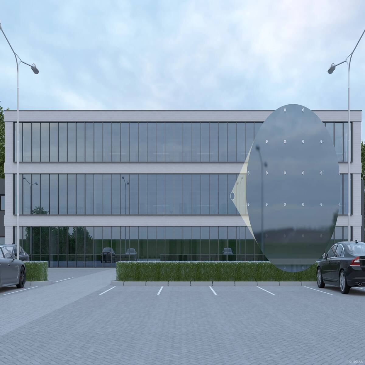 Das ORNILUX® design dart A70 Glas vereint effektiven Vogelschutz mit feinem Punktdesign und sorgt bei bewölktem Himmel für klare Sicht und harmonische Fassadenoptik.
